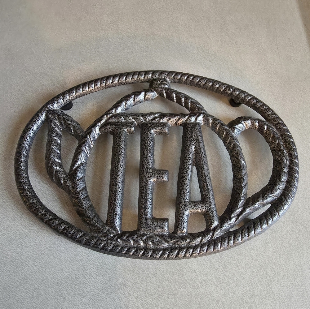 Oval Cast Metal Kitchen Trivet Teapot Shape and Wording Silver Antiqued Style